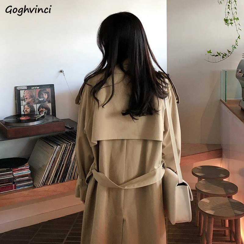 Gabardina larga de color caqui para mujer, abrigo cortavientos de doble botonadura, ajustado, estilo coreano, cómodo, para primavera y otoño