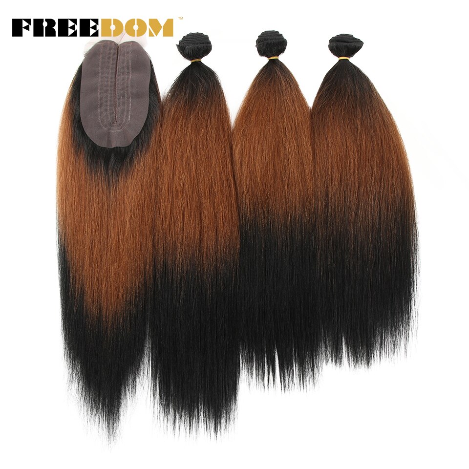 FREEDOM-mechones de pelo lacio Yaki de 18, 20 y 22 pulgadas, extensiones de cabello sintético con cierre de encaje, Marrón degradado: 2T1B-30