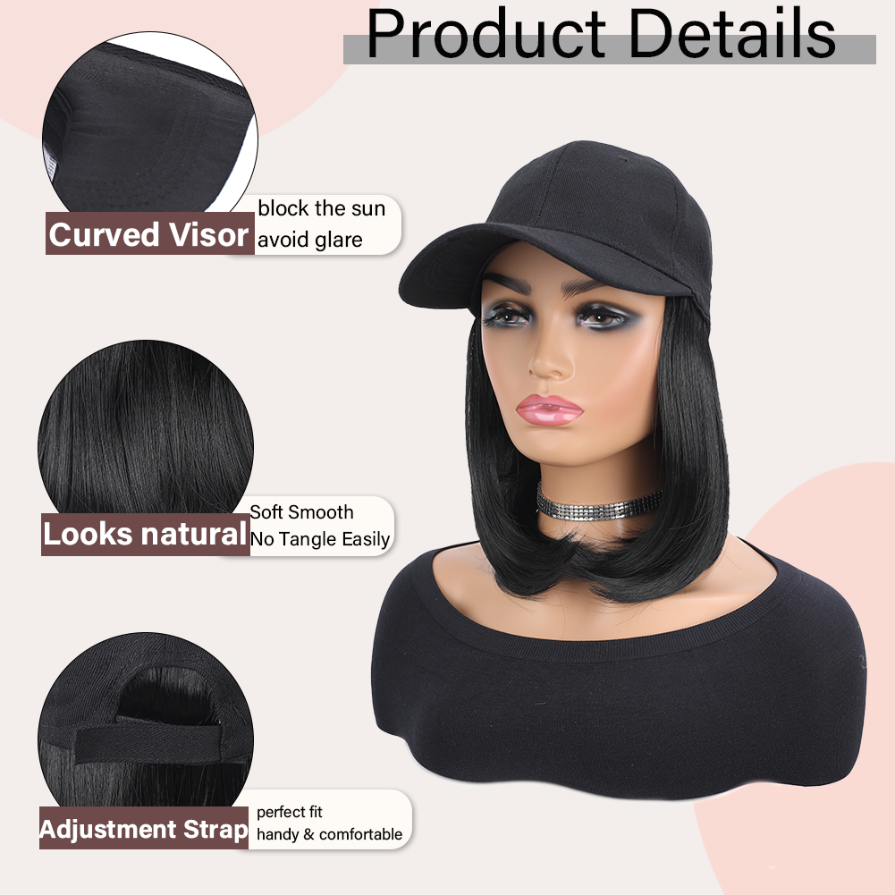 Gorra de béisbol con extensiones de cabello sintético, peinado Bob corto liso, peluca extraíble ajustable, sombrero de 10 pulgadas para mujer y niña