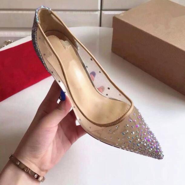 Sommar klassiska kvinnor unika skor röd botten hög klack andas mesh spetsiga strass diamant bröllopsskor