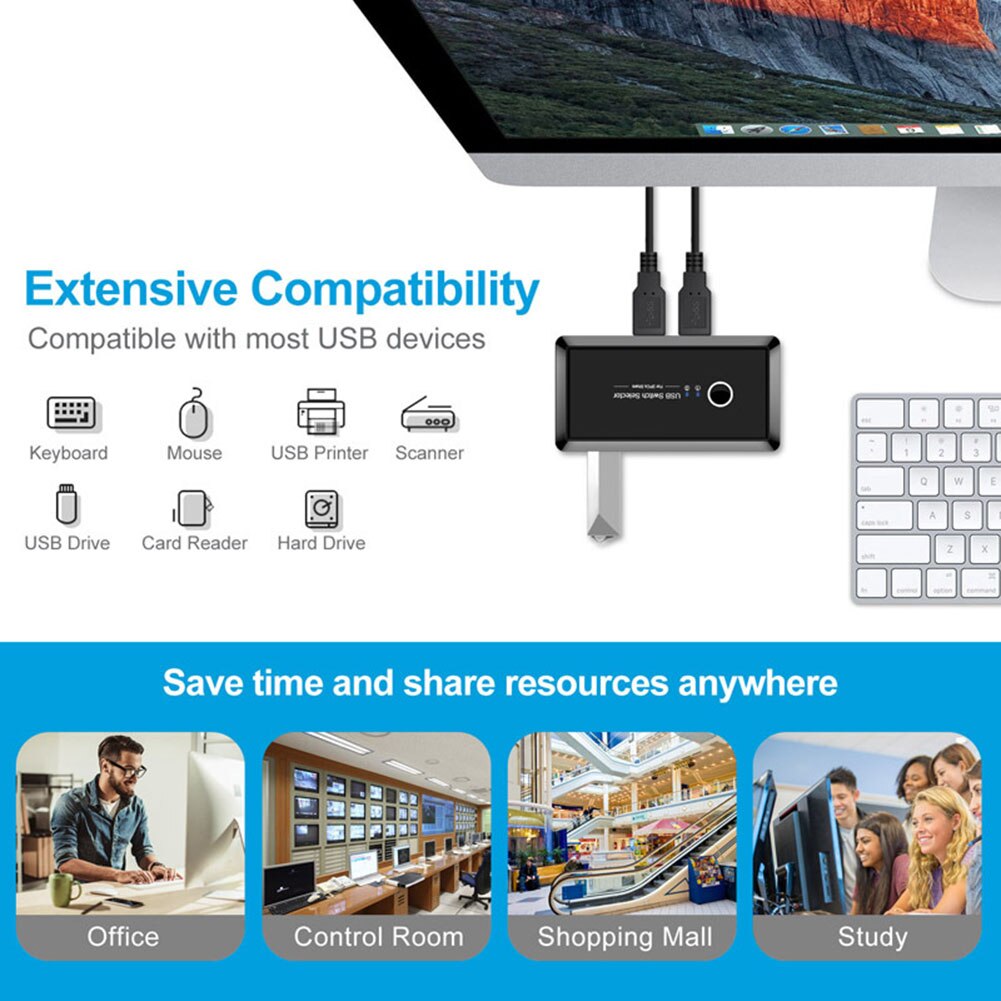Conmutador USB KVM interruptor USB 3,0 2,0, conmutador de 2 puertos, para compartir 4 dispositivos, para teclado, ratón, impresora, Monitor, USB 2,0 3,0, Selector de interruptores