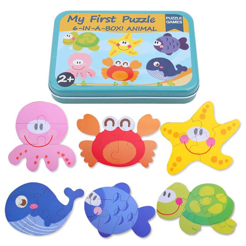 Peuter Baby Vroege Educatief Speelgoed Houten Dier Puzzels 6 Stuks In 1 Ijzeren Doos: sea Animal