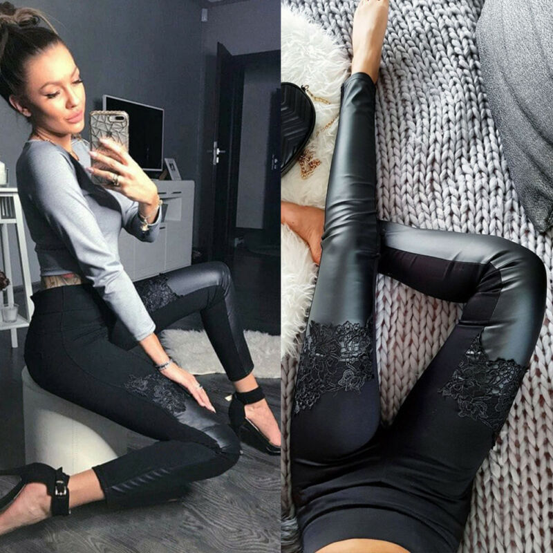 Dame stretch høj talje skinnende pu læderbukser skinny vogue blonder patchwork imiteret læder leggings blyantbukser slim fit