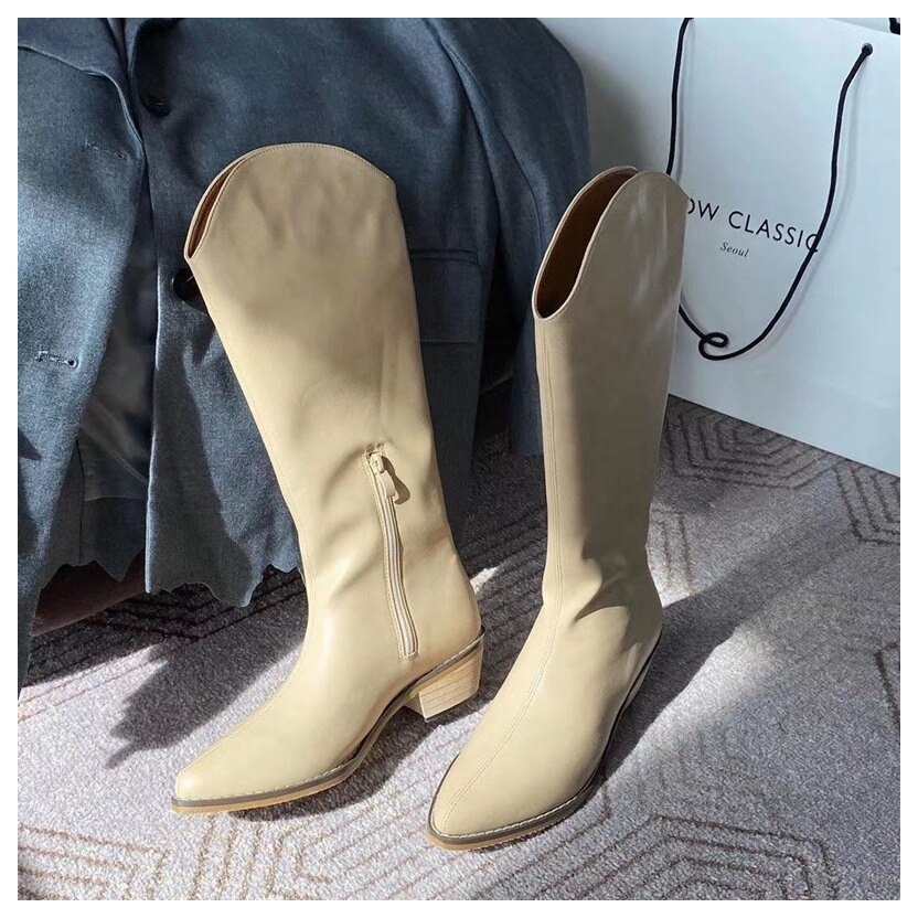 Herfst cowboylaarzen voor dames, hoge hakken, laarzen voor dames, western cowgirl laarzen, rits, halfhoge dikke sleehakken, winterlaarzen: Khaki / 7.5