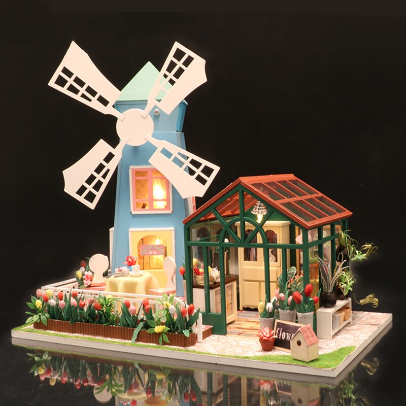 Diy Houten Poppenhuis Miniatuur Meubels Met Led Licht Kit Windmolen Bloem Huis Poppenhuizen Monteren Speelgoed Casa