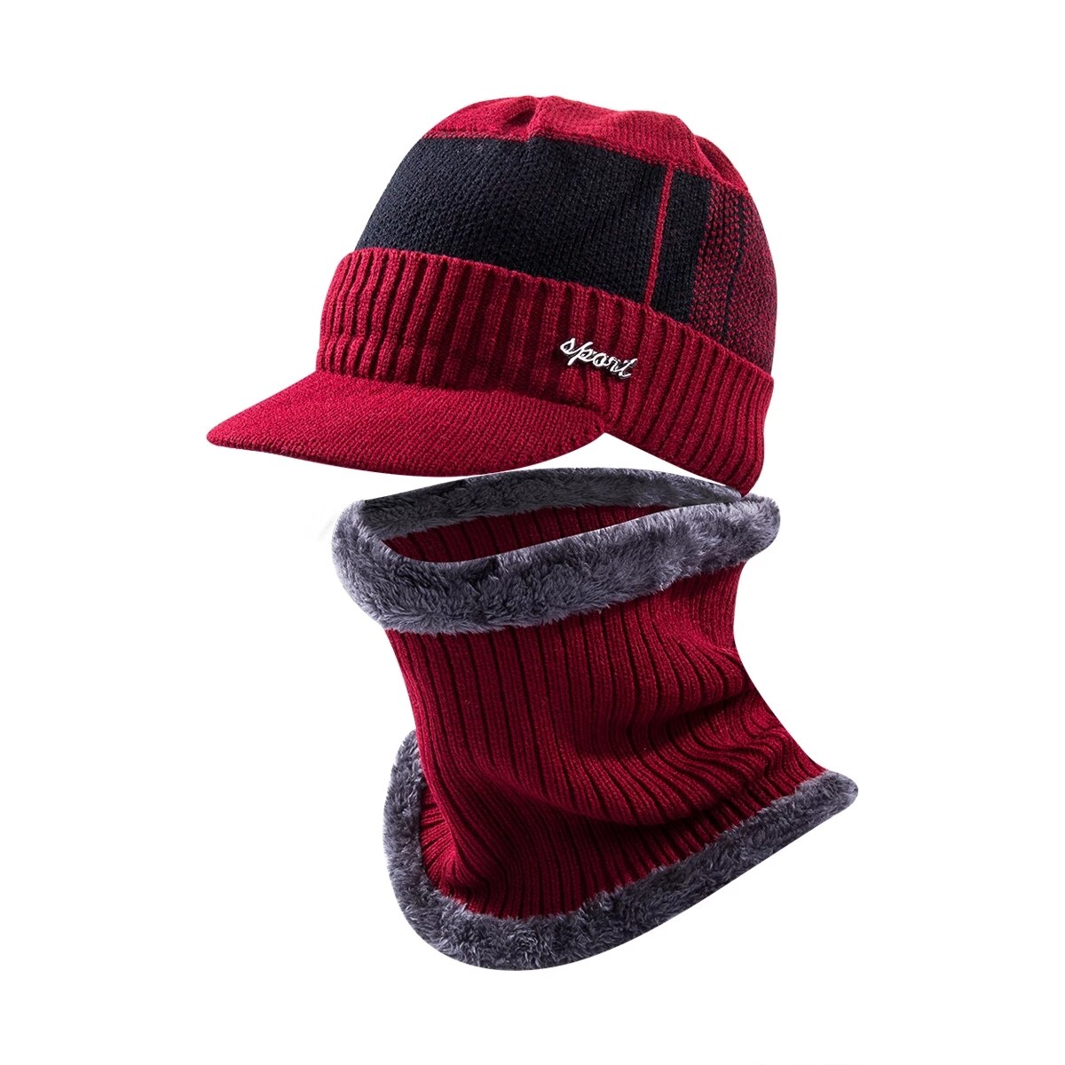 Men Unisex Sports Winter Warm Hat Knit Visor Beanie Fleece Lined Billed Beanie with Brim Cap: Red