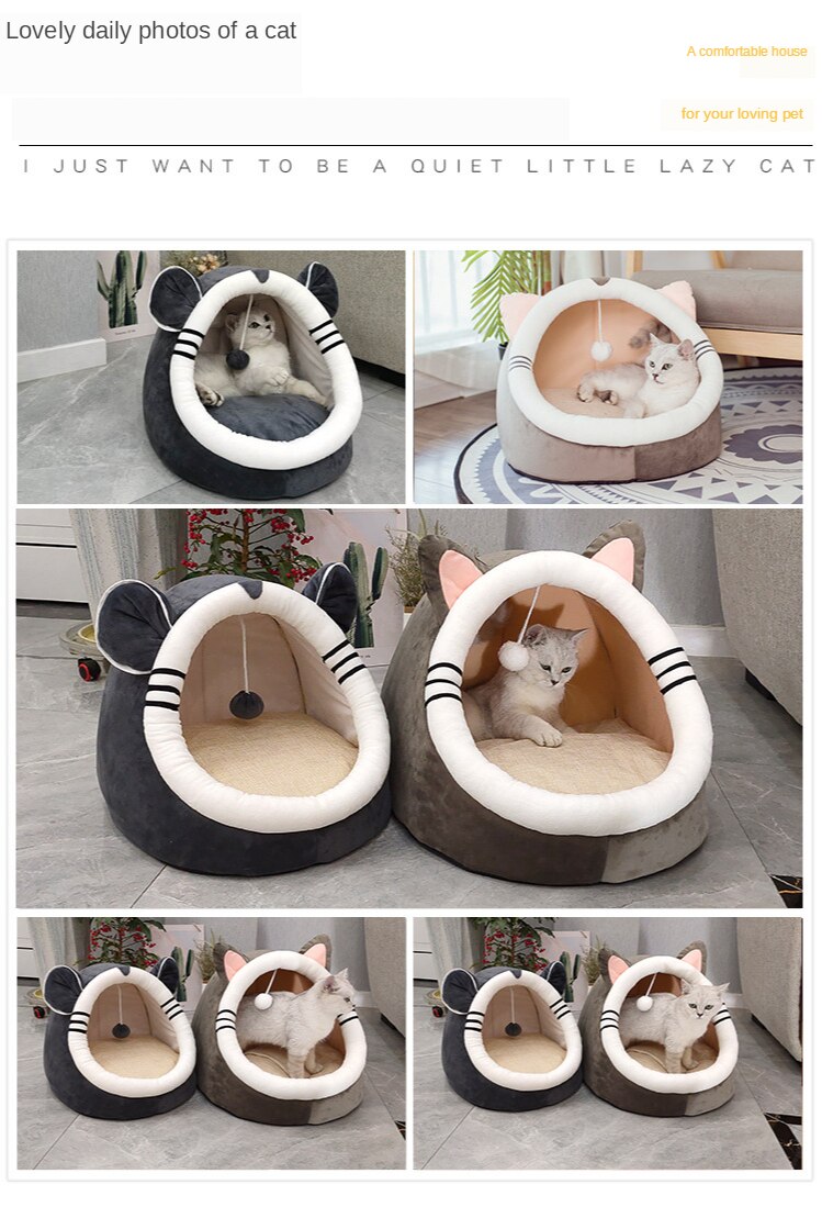 Semi-enclosed Foldable Cat House Cartoon-shaped Cute Cat Bed Warm Cozy Kitten Bed Collapsible