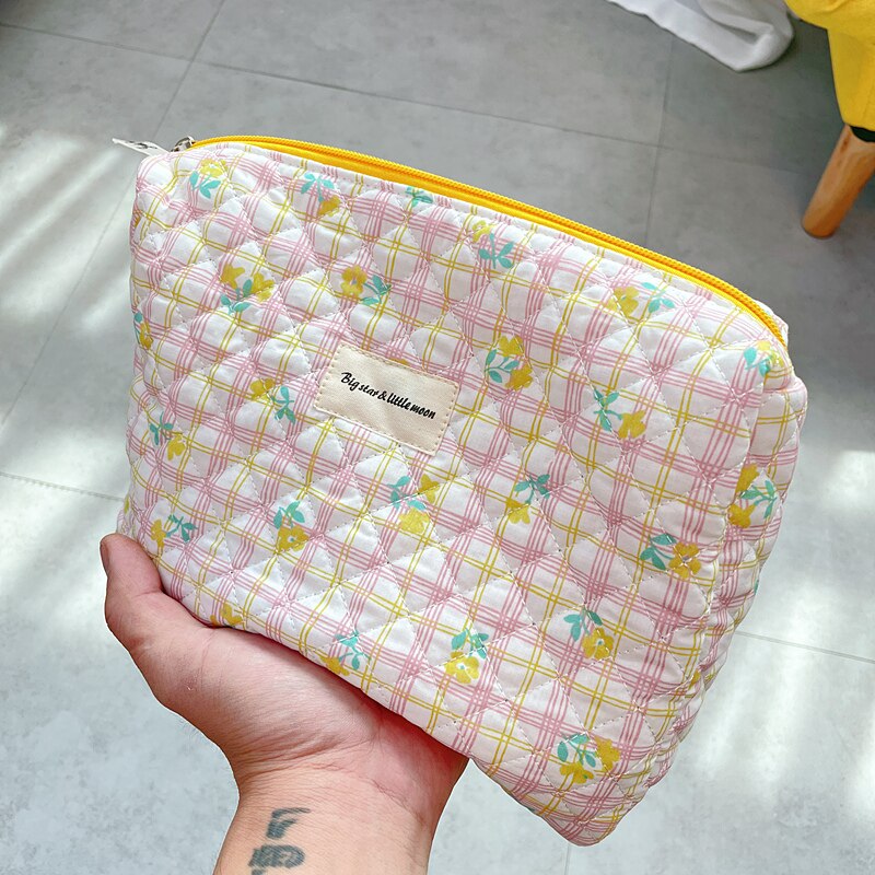 Stepp Gitter Kosmetik Tasche Große machen-hoch Tasche Veranstalter Frauen Kosmetische Lagerung Kulturbeutel Baumwolle Reißverschluss Schönheit fallen Beutel: Gelb