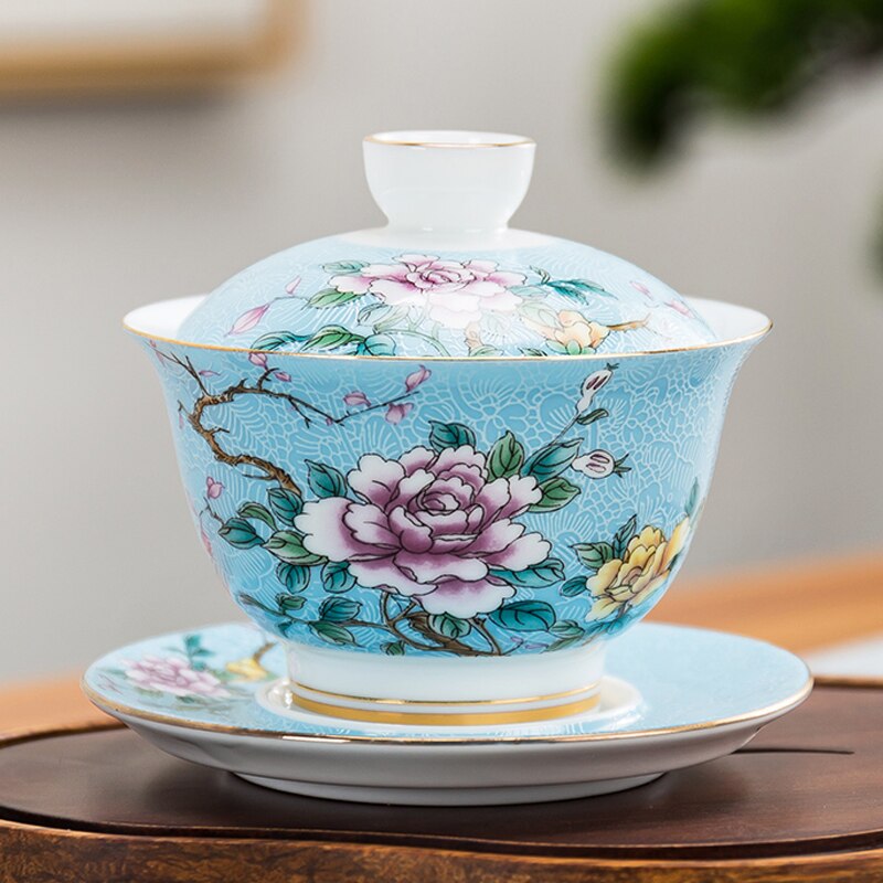Cuenco de té de porcelana de cerámica con flores, 145ml, juego de platillo con tapa, esmalte, taza maestra Gaiwan china, vajilla de