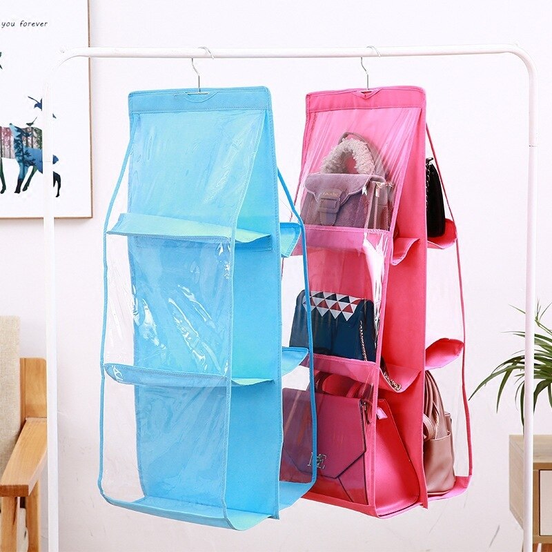 Pliable 6 poches Double face Transparent sac à main suspendu sac de rangement sac divers rangé organisateur garde-robe placard cintre