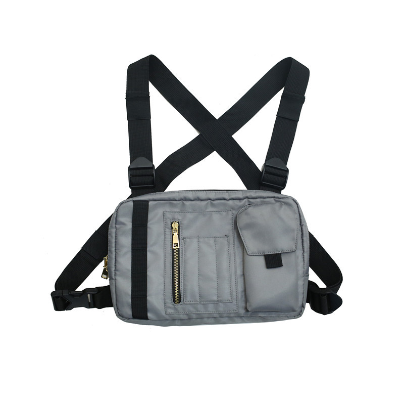 Multifunksjonell nylon brystveske for menn streetwear vest bag brystverktøy vesker kvinner tre lommer stor plass bryst rigg 5 farger: Grå