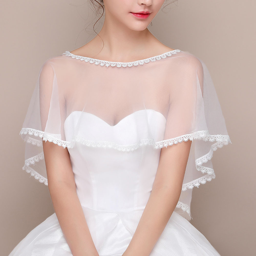 Cape de mariage en Tulle ivoire pour femme, châle, col rond, avec des appliques en dentelle, enveloppe formelle, pour bal de promo, soirée: Default Title