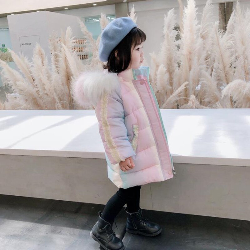 DFXD Children Girl Winter Long Rainbow Down Cotton Jacket Fur Collar Hooded Thicken Warm Kids Outwear Parka For 1-7Yrs