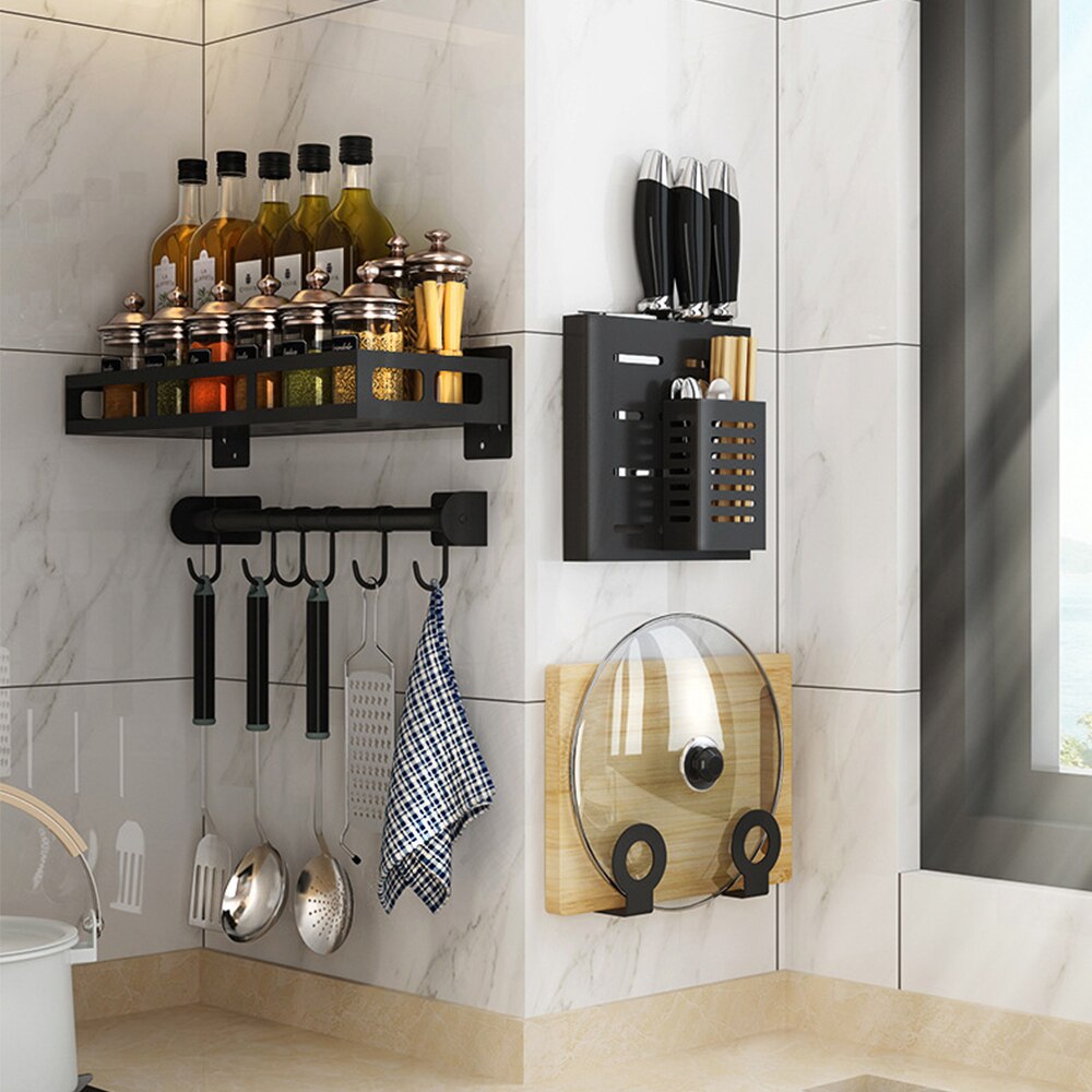Wall-Mount Spice Racks stainless Kitchen Organizer Storage Shelves Spoon Hanger Hook Kitchen Gadgets Accessories Supplies