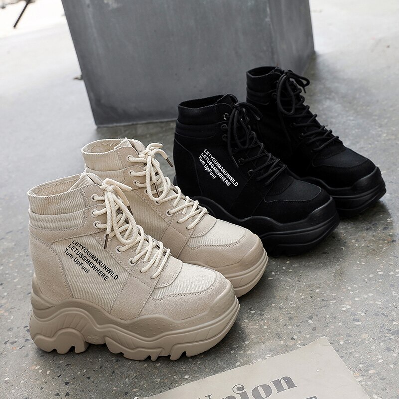 Botas de otoño para mujer, zapatillas de plataforma alta de 12CM, botines de aumento de altura, suela gruesa, zapatos de lona transpirables, novedad de