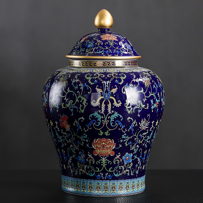 Caddie à fleurs peintes en céramique, Vase à fleurs de grande capacité, pot de rangement scellé avec couvercle, décoration de comptoir de porche: C