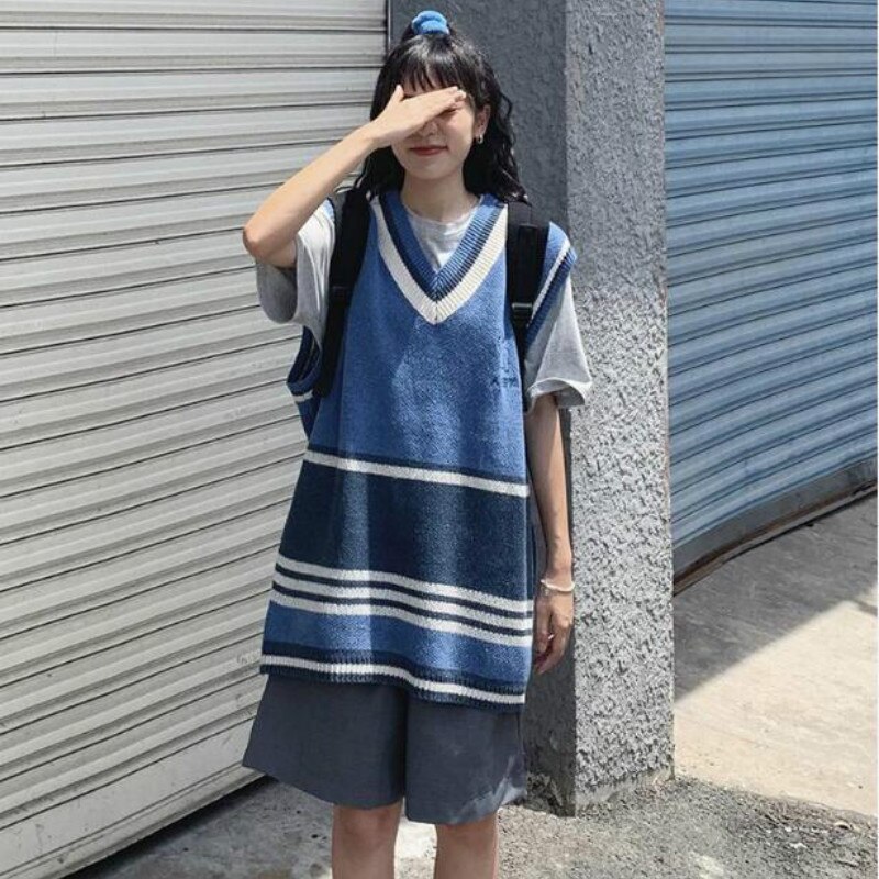 Chaleco Retro sin mangas de estilo coreano para mujer, suéteres tejidos a rayas, estilo Preppy, con cuello en V, informal, combina con todo