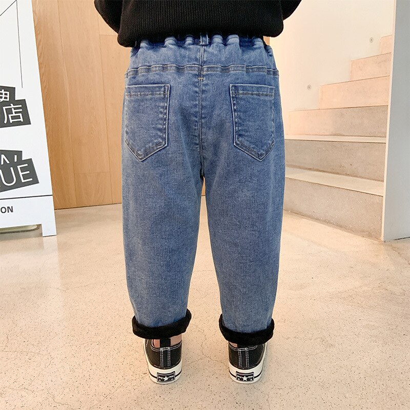Inverno meninos e meninas macio elástico forro de lã quente jeans 2020 crianças moda all-match calças de brim quente