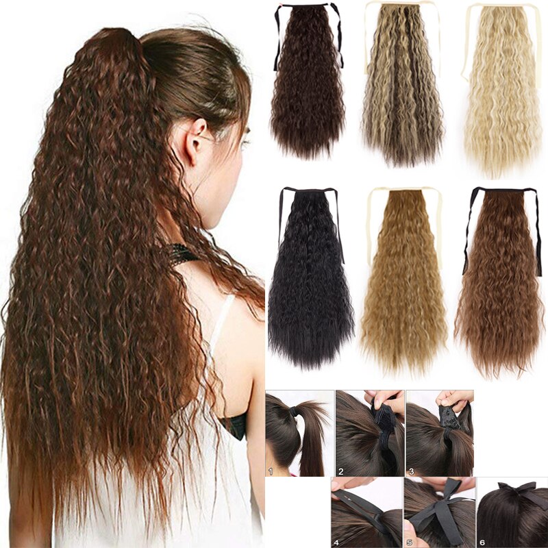 Extensiones de cola de caballo para mujer, coleta larga con ondas de maíz de 21 pulgadas, cinta sintética para atar, coleta