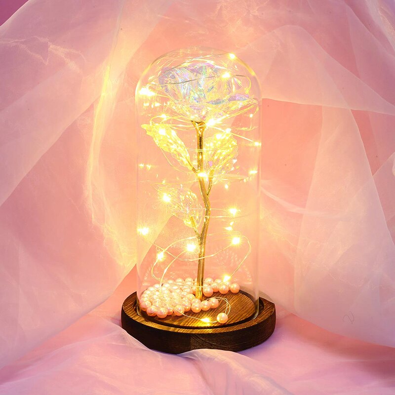 Artificial Eternal Rose LED Light Beauty The Beast Rose Flower In Glass Dome Wooden Base For Decorate Valentine's Day: XOI1071A