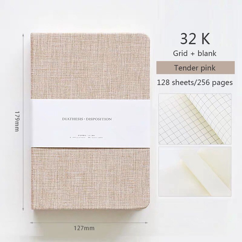 Blank and Grid Paper Notebook Linen Hard Cover 256 Pages Bullet 80 GSM Journal Planner Office School Supplies Stationery: Tender pink-32k
