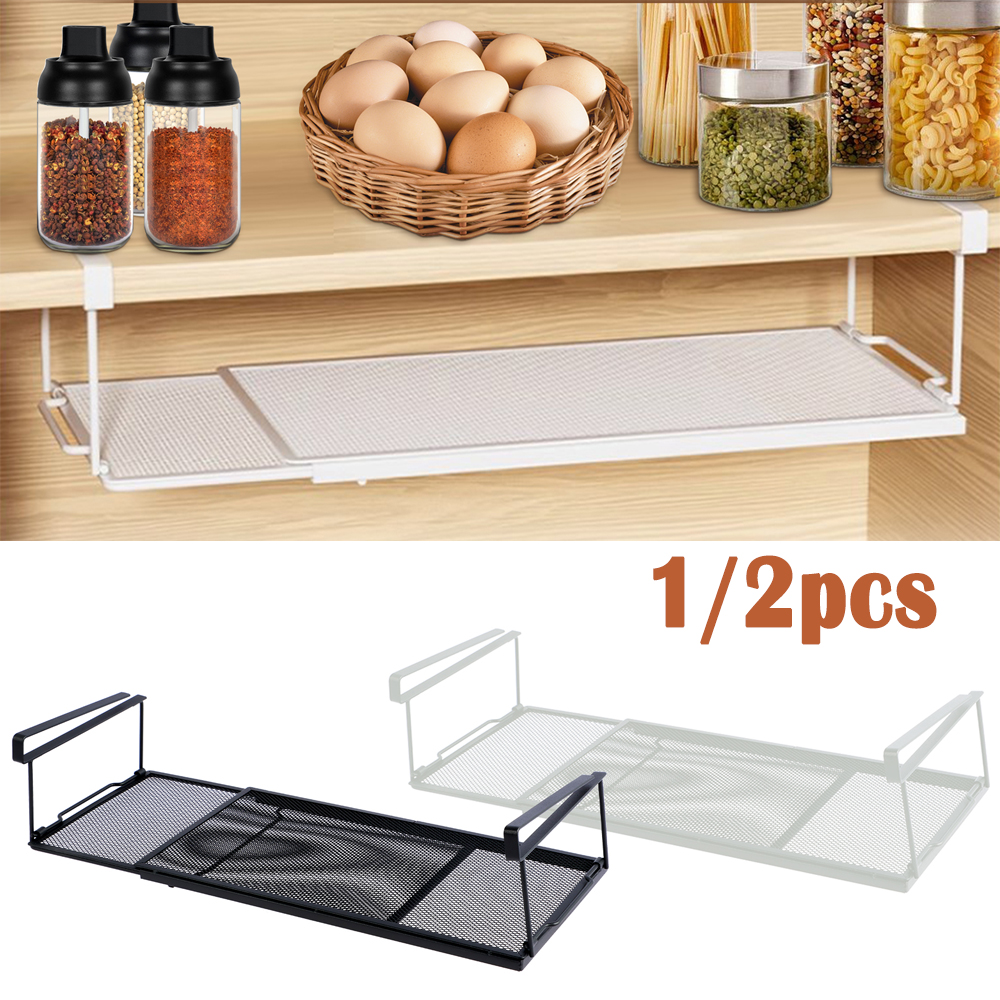 Extendable Under Cabinet Organizer Shelf Steel Closet Desk Hanging Mesh Basket Multipurpose Kitchen Household Storage Basket
