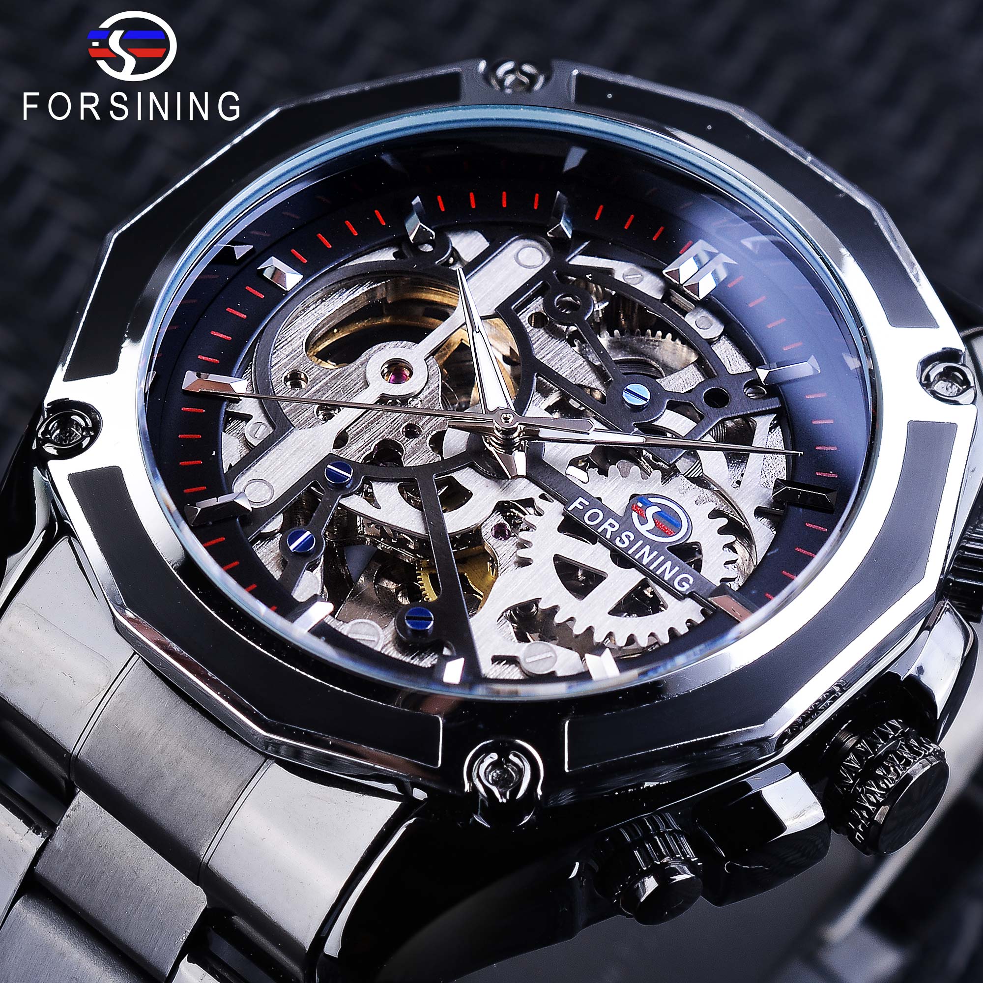 Forsining Mode Steampunk Mechanische Beweging Zwarte Armband mannen Automatische Horloges Top Luxe Skeleton Klok