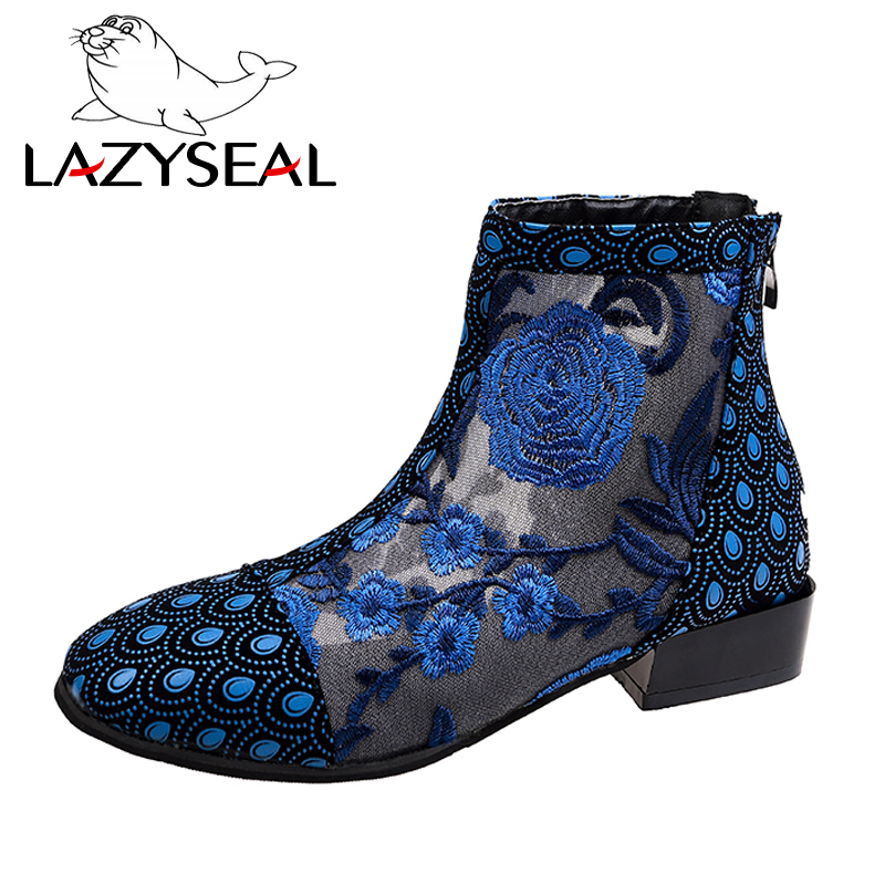 LazySeal Air maille broder été Cool bottines femmes retour Zip bout rond talons carrés dentelle fleurs Cool bottes femme