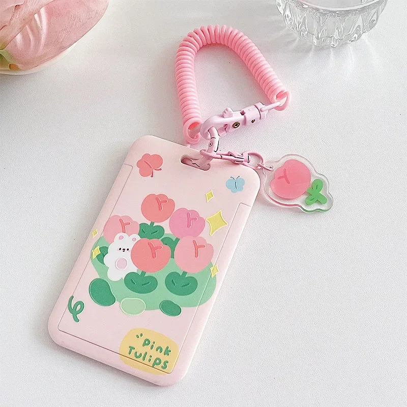 Porta carte per autobus ID studenti Porta carte tulipano orso coniglio con corda elastica Protezioni per carte di credito Custodia per carte bancarie rosa: Avorio