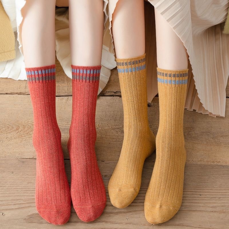 Chaussettes Vintage en coton pour femmes, longues, amples, solides, tricotées, rayées, respirantes, collection printemps-automne