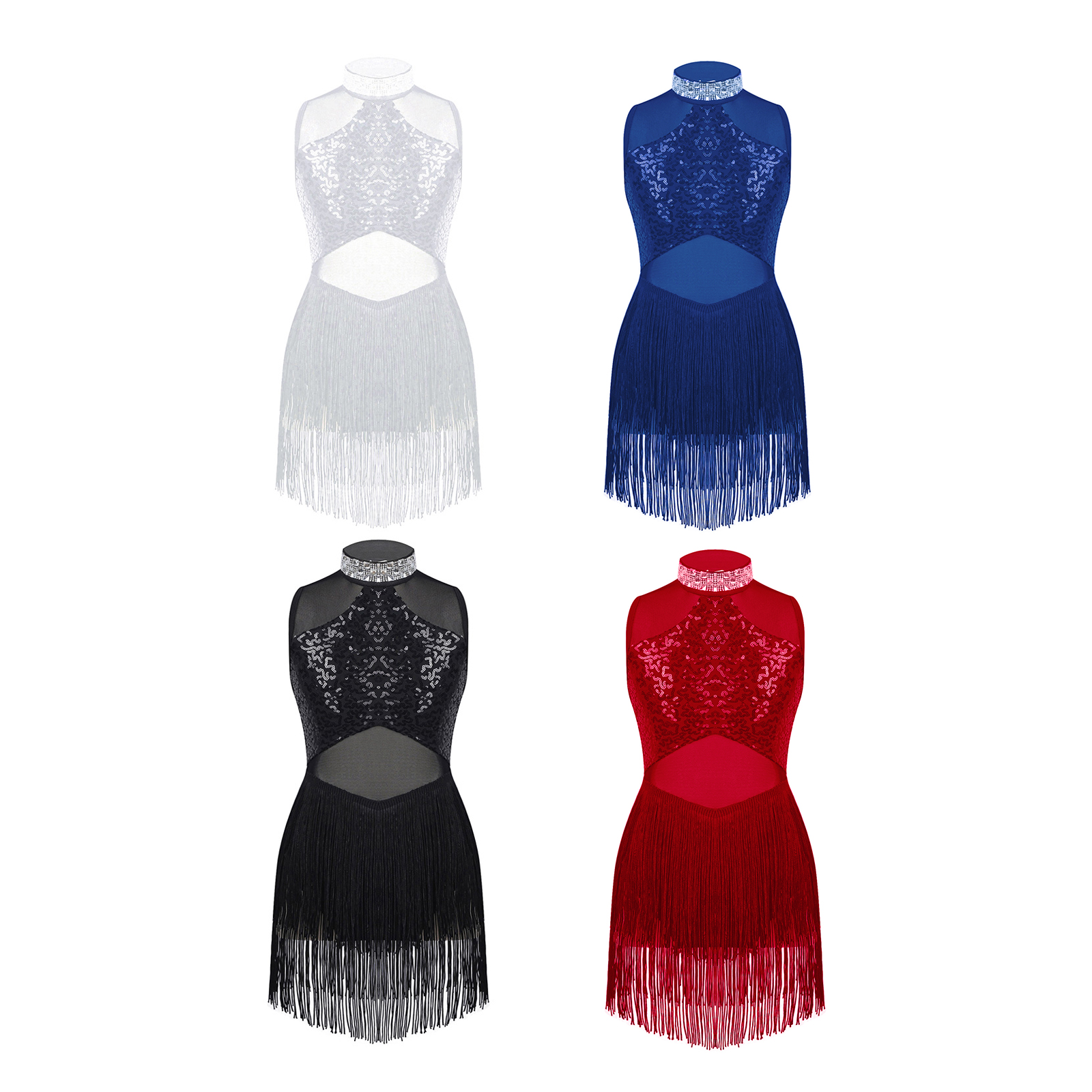 Vestido de baile latino para niñas, lentejuelas brillantes, malla transparente, dobladillo con borlas, Ropa de baile de Jazz moderna, leotardo de Ballet, traje de baile de patinaje