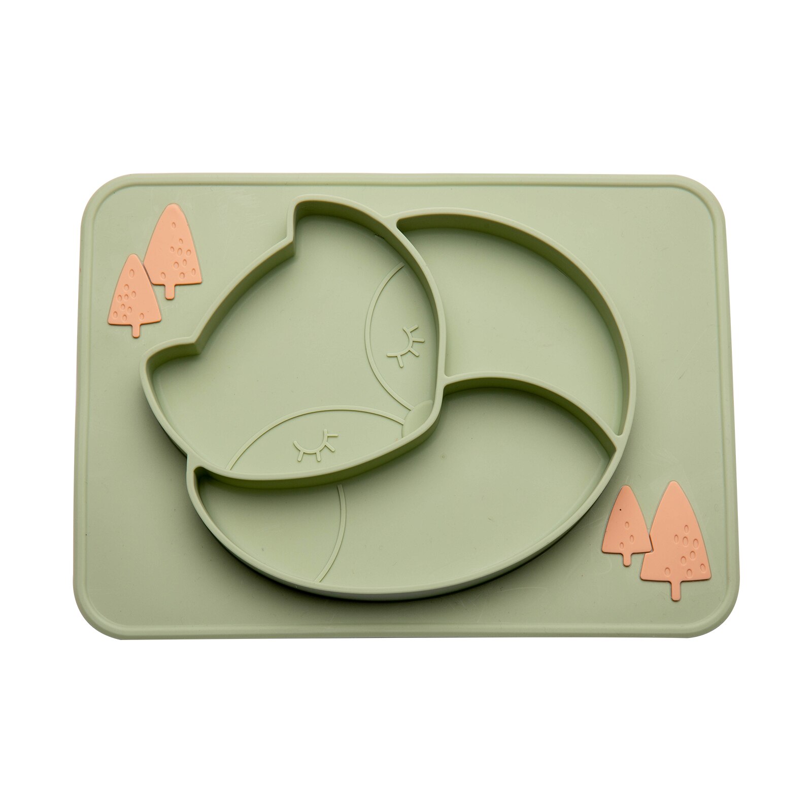 Juego de vajilla de alimentación para bebé, plato de comedor de zorro, cuchara de silicona, tenedor, impermeable, sin BPA, tazón de silicona de grado alimenticio, 3 unids/set: green