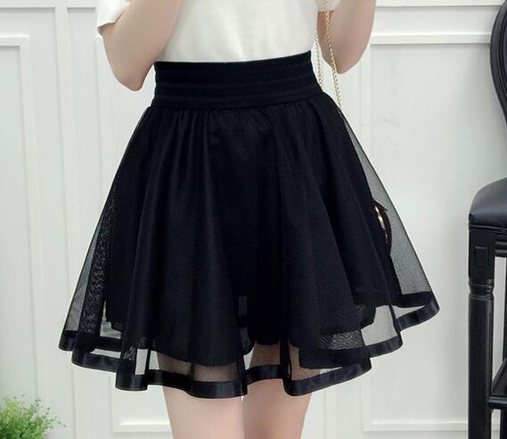 Forår sommer kvinder sort mini nederdel koreansk elastisk højtaljet nederdel shorts sød mesh tyl paraply nederdel falda tul: Solid sort / L