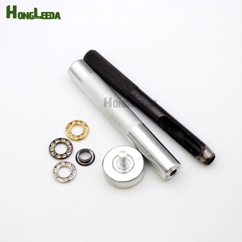 DIY 1 sets hand press tools + 100sets/lot 3colors 12mm round metal brass rhinestone eyelets glass grommets