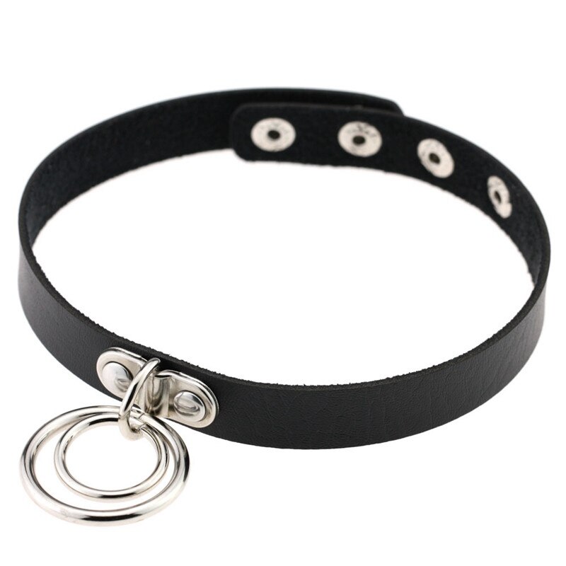 Popular Choker Collar Necklace Double Ring O Leather Gothic Bracelet Women: black