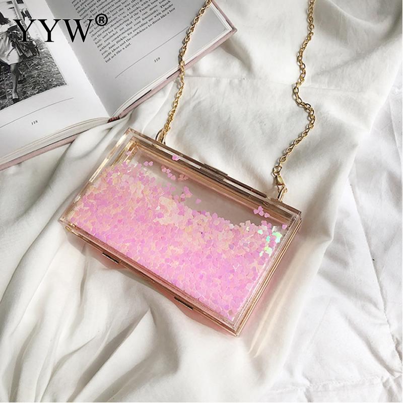 YYW Argento Rosa Acrilico Sacchetto di Sera Delle Donne di Spalla Femminile Borsa Della Borsa di Crossbody Della Borsa Carino Trasparente Vedere Attraverso La Casella di Frizione