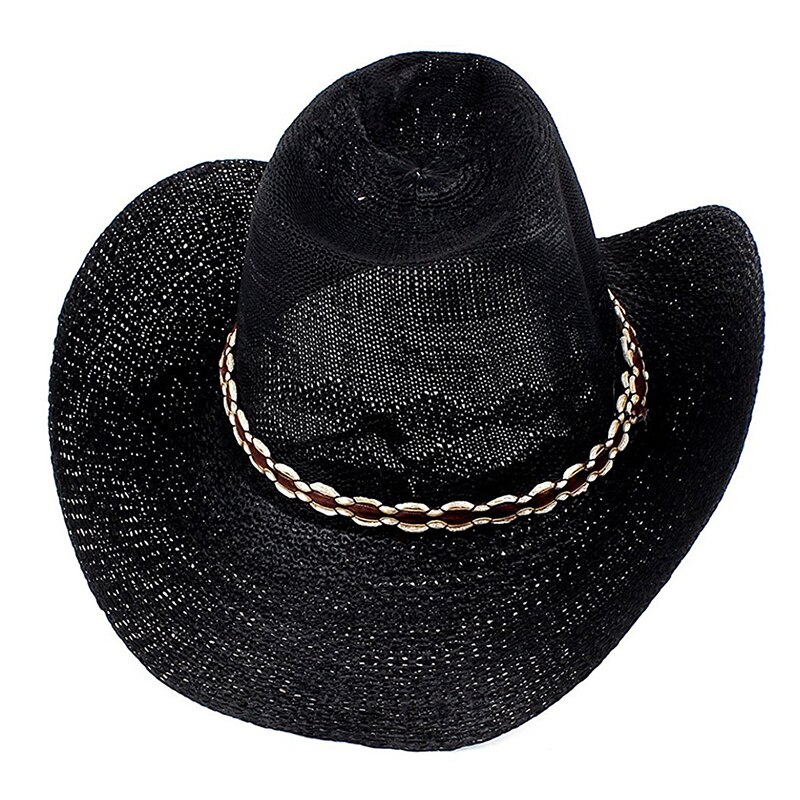 Chapéu de cowboy de aba larga preto trançado de rolo ajustável masculino: Default Title