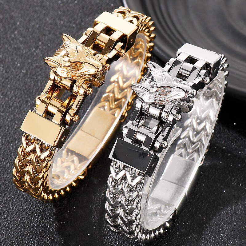 Edelstahl männer Armbänder Mit Wolf Köpfe 12MM Doppel Schicht Franco Link Curb Kette Armband Männer Punk Schmuck mit Tasche