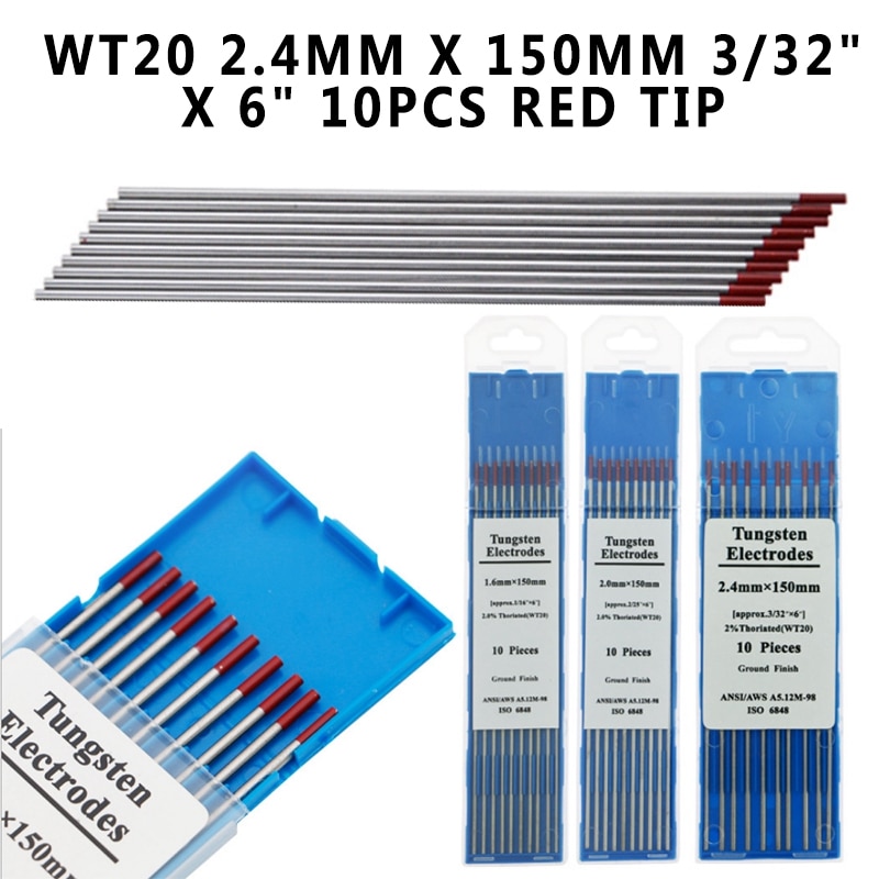 Suministros de soldadura WT20, 2,4mm X 150mm, 3/32 "X 6", 10 Uds., punta roja, 2% electrodo de tungsteno toriado para soldadura TIG, 10 Uds.