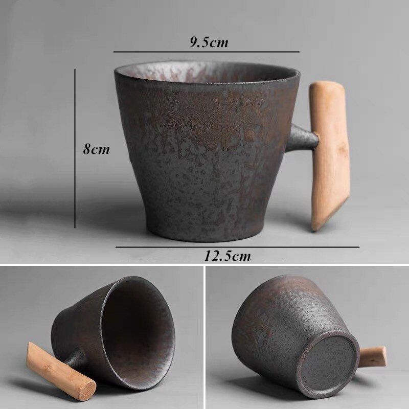 Japansk stil keramisk kontor te krus vintage vand kop retro kaffemælk med træhåndtag drinkware: 1b
