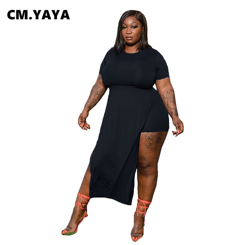CM.YAYA Women Plus Size Tracksuit Solid Short Sleeve Split X-long T-shirt Strechy Short Two 2 Piece Sets Sporty Outfit Summer