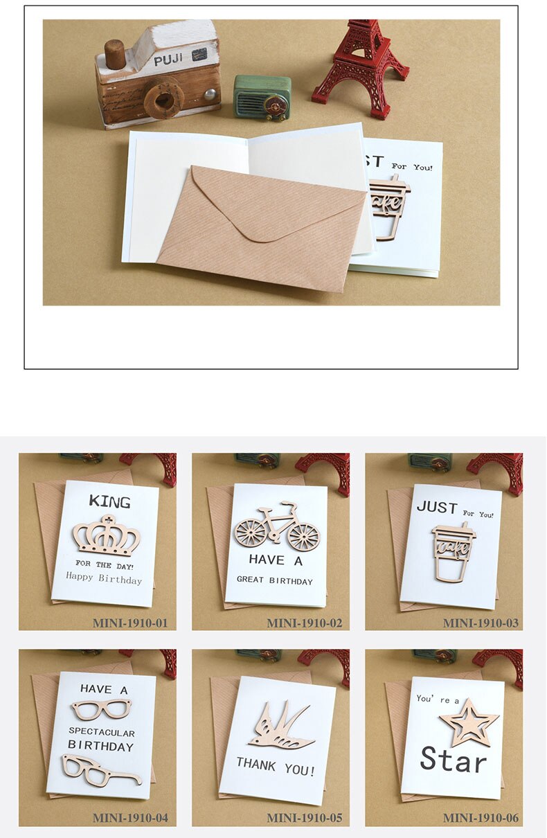 6pcs Mini Birthday Cards Wood Message Kids Party Greeting Cards