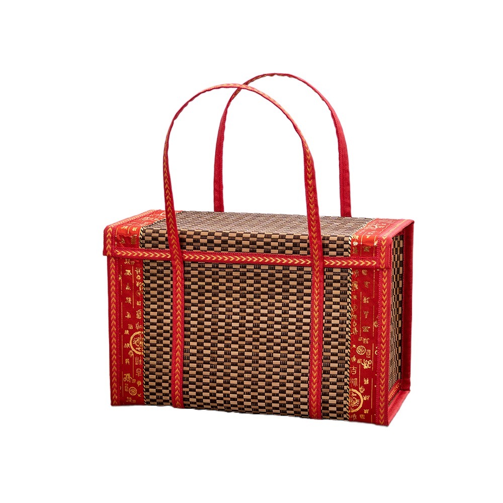 Bamboo Bamboo Picnic Basket Rectangular Large Capacity Hand-Woven Basket with Lid Foldable Handheld Woven Basket Photo Prop: XL / black