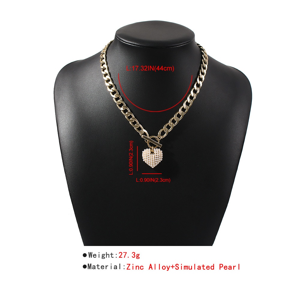 KMVEXO Punk Simulated Pearl Love Heart Pendant Necklace Women Thick Toggle Clasp Couple Party Jewelry Necklaces Christmas