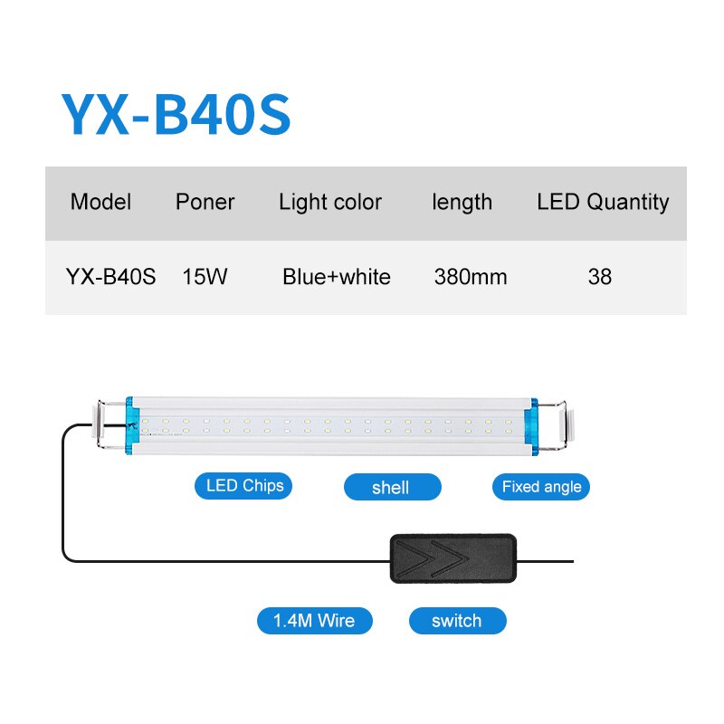 18-58cm super slanke akvarium-ledede belysning med udvidelige beslag med høj lysstyrke hvide og blå lysdioder passer til akvarium: Yx -b40s