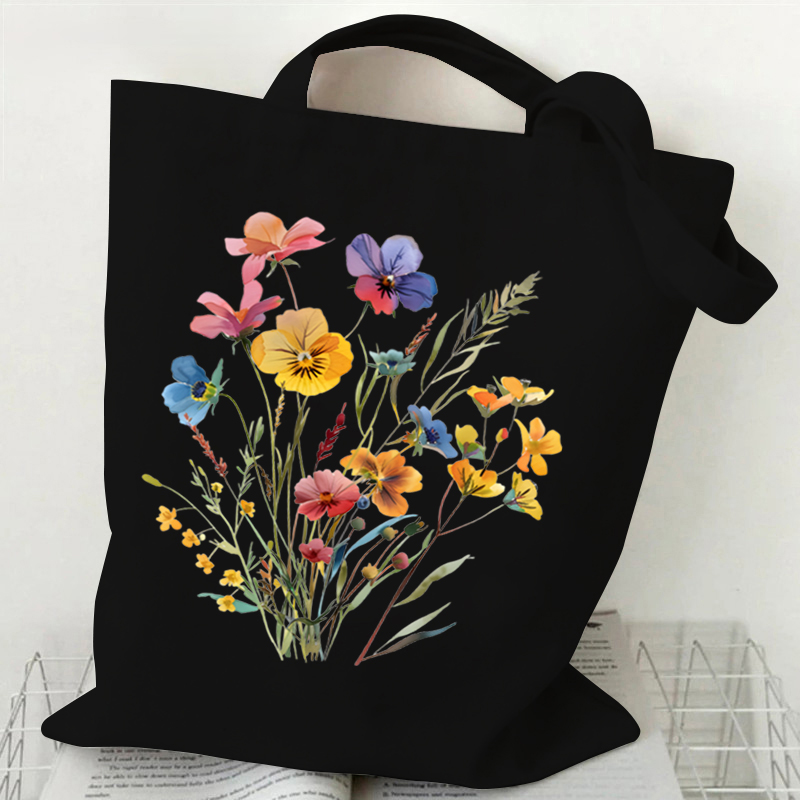 Bolso de mano de lona con estampado de flores silvestres bohemias, bolso de compras reutilizable para mujer, bolsos y bolsos, bolso de tela para compras: Negro