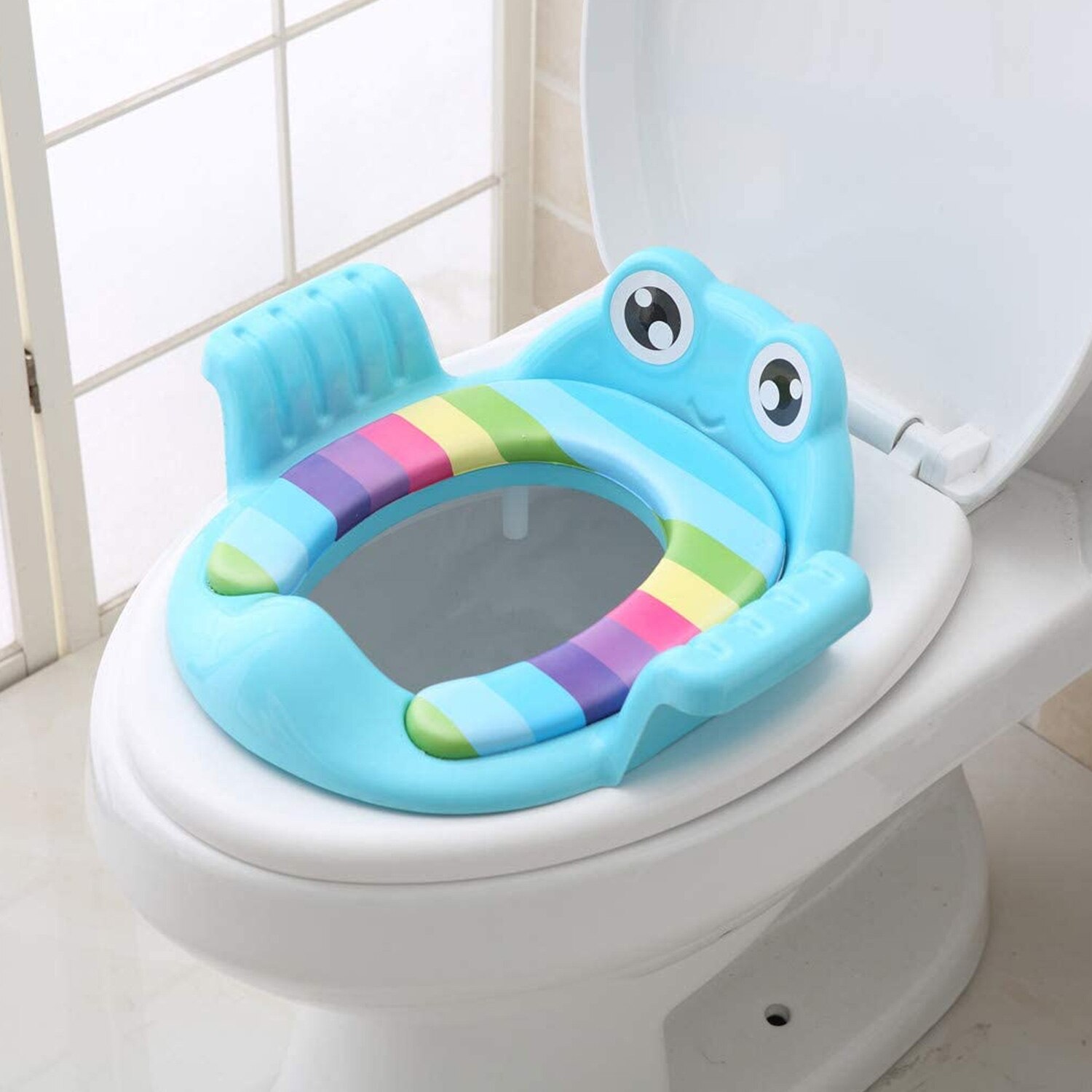 Cute Cartoon Anti-slip Potty Training Seat Toilet Trainer with Soft Cushion Handle Splash Guard for 1-6 Years Old Kids: Blue