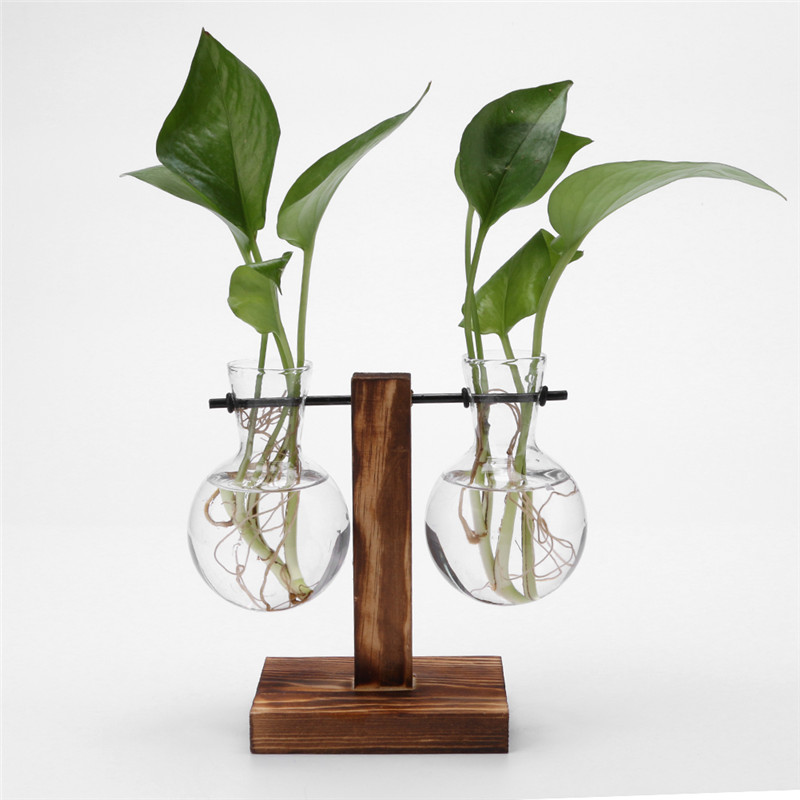 Glas En Hout Vaas Planter Terrarium Tafel Desktop Hydrocultuur Lade Home Decor Plant Bonsai Bloempot Opknoping Potten Met Houten: Light Grey