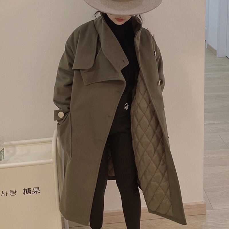 2022 primavera inverno bambini ragazze cappotto caldo di lana moda per bambini miscele di lana cappotto Casual per bambini ragazza giacche lunghe 6-14Y: 02 Green / 130