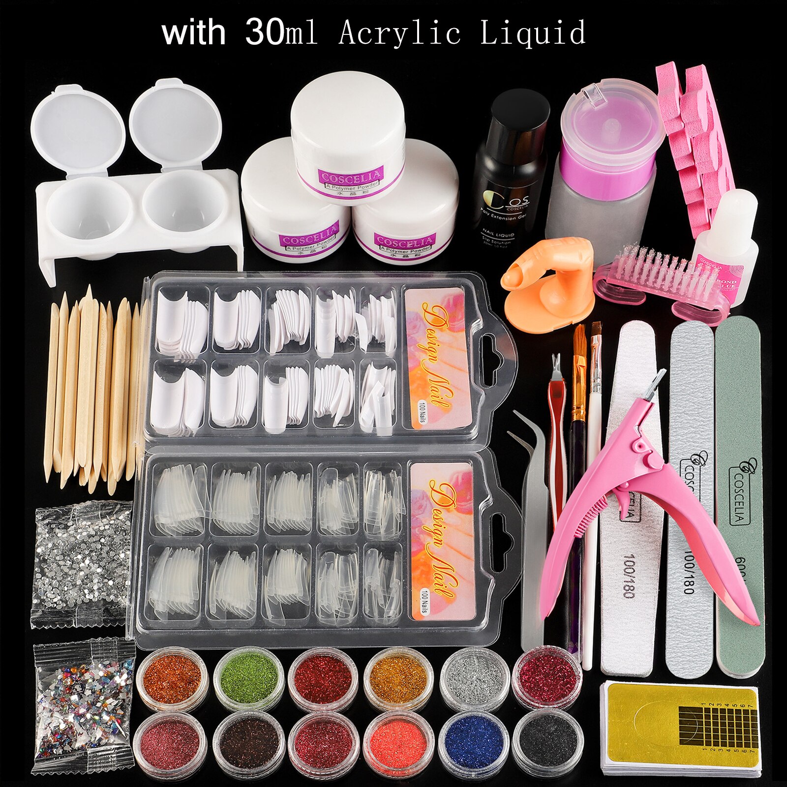 Coscelia akryl søm kit med lampe alt til manicure gel nail kit nail art dekorationer negleboremaskine af fræsere: Indstil h